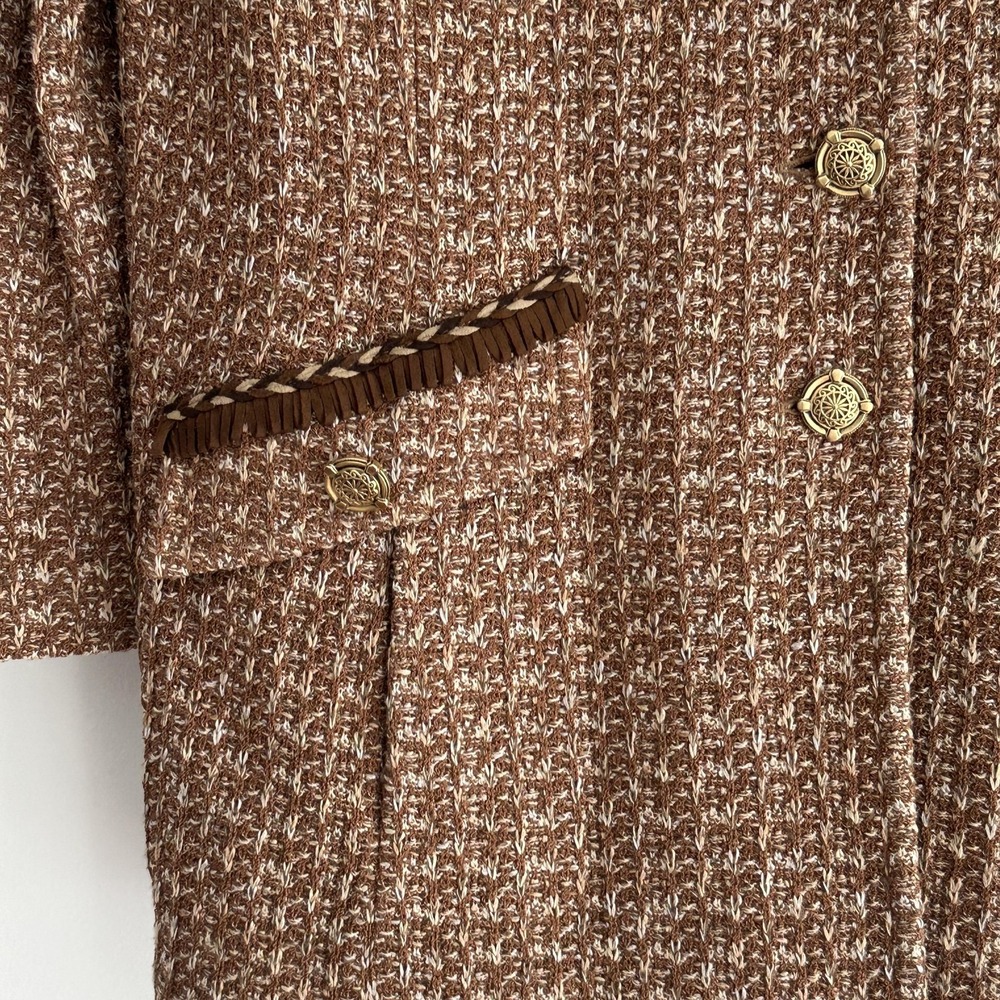 St John Tweed Jacket 12 Brown Textured Knit Gold Button Fringe Equestrian Luxury - Picture 10 of 16